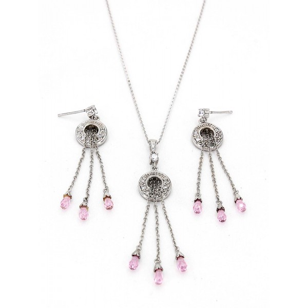 Sterling Silver Dangling Crystal Necklace and Earring Set - NE-E147PK